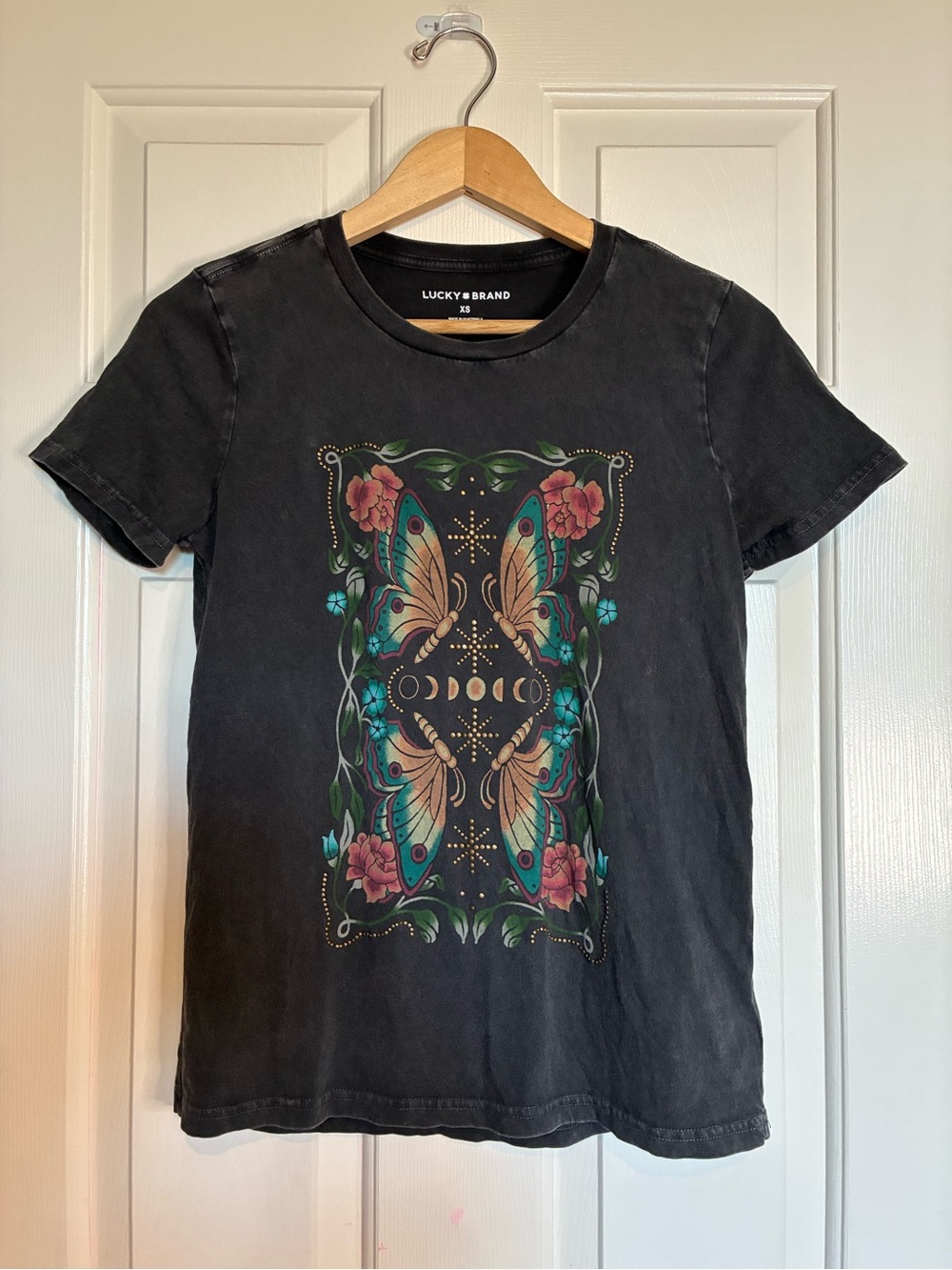 Lucky Brand Black Acid Wash Tee with Teal & Pink Butterfly Panel